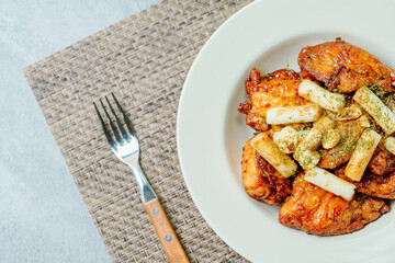 yangnyeom chicken, Korean Seasoned Fried Chicken : This dish is seasoned chicken cut into pieces, deep- fried, and mixed with soy sauce, gochujang, or other sauces. It has a mild yet spicy taste that 