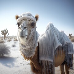 Camel covered by ice wearing a scarf, created with Generative AI technology
