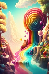 Candy waterfall sunny landscape rainbow, created with Generative AI technology