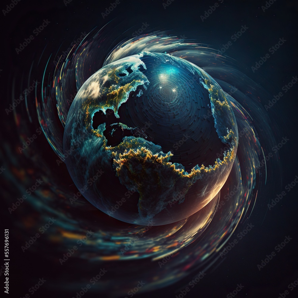 Wall mural rotating planet earth motion blur outer space, created with generative ai technology