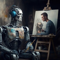 Robot painter sits in front of canvas and paints portret of a human, created with Generative AI technology - obrazy, fototapety, plakaty