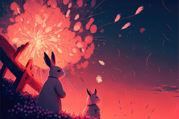 Rabbit with fireworks celebrating Chinese new year wallpaper background. Lunar new year illustration. 