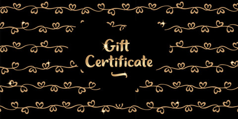 Black and gold gift certificate for Valentine Day or wedding with hearts