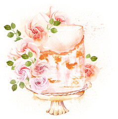 Watercolor cake with pink rose flowers and gold elements, sweet celebration, patisserie menu, wedding organization, invitation illustration template, sweets, dessert party, bakery postcard