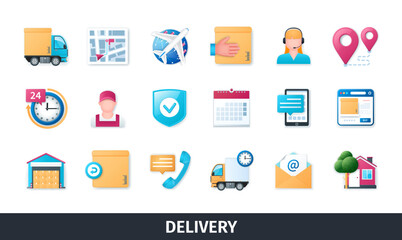 Delivery service 3d vector icon set. Commerce, plane, box, schedule, support, call, warehouse, email, map. Realistic objects in 3D style