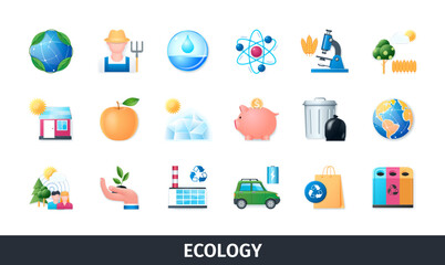 Ecology 3d vector icon set. Eco, environment, water, bio, trash, recycling plant, earth, solar energy. Realistic objects in 3D style