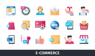 E-commerce 3d vector icon set. Finance, gift, support, internet, search, call, buying, marketing, credit card. Realistic objects in 3D style