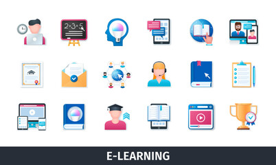 E-learning 3d vector icon set. Education, internet, email, book, online, devices, diploma, video lesson, support. Realistic objects in 3D style