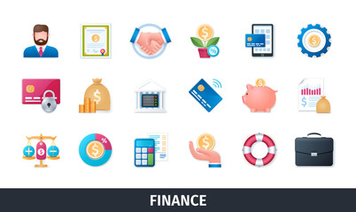 Finance 3d vector icon set. Commerce, payments, insurance, business, credit card, accounting, investment. Realistic objects in 3D style