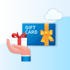 Gift card banner. Hand with gift box and gift card icons. Loyalty program and get rewards. Marketing program concept. Web vector illustration in 3D style