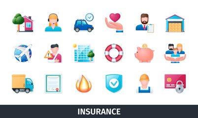 Insurance 3d vector icon set. Security, protection, property, money, business, help, support, cargo, fire. Realistic objects in 3D style