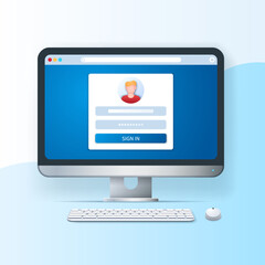 Login and password banner. Computer with user parol window on the screen. Security concept. Web vector illustration in 3D style