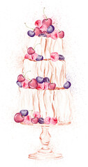 Watercolor cake with raspberries and blueberries hand painted, sweet celebration, patisserie menu, wedding organization, invitation illustration template, sweets, dessert party, bakery pavlova 