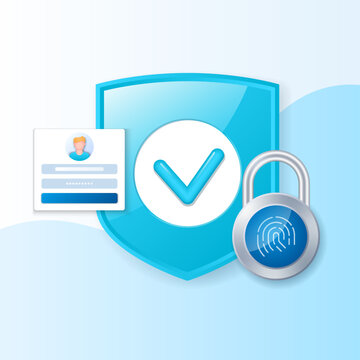 Fingerprint password banner. Shield, lock with fingerprint and parol window icons. Web vector illustration in 3D style