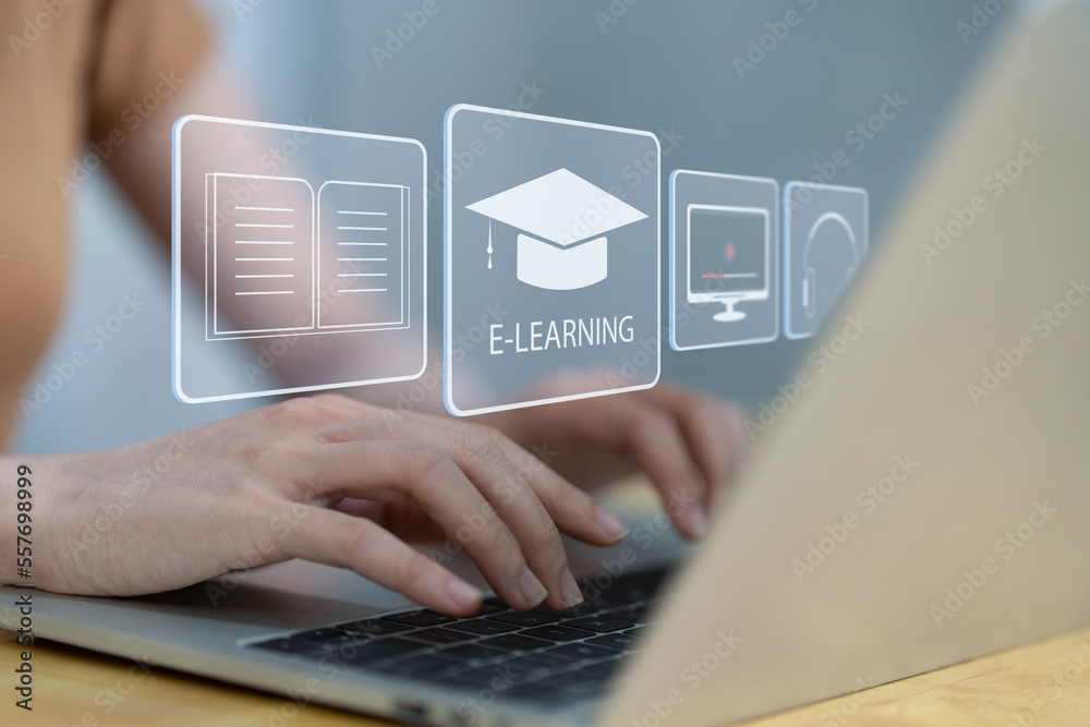 Aufkleber e-learning concept, education online with webinar, video tutorial, internet lessons. woman with lear