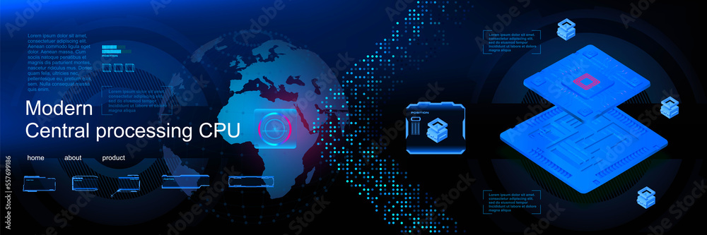 Poster realistic processor for computer on futuristic cyber background. new generation microprocessor for c