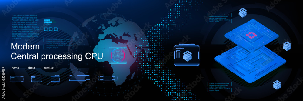 Poster realistic processor for computer on futuristic cyber background. new generation microprocessor for c