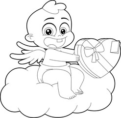 Outlined Cute Cupid Baby Cartoon Character On Cloud Holds Heart Gift Box. Vector Hand Drawn Illustration Isolated On Transparent Background