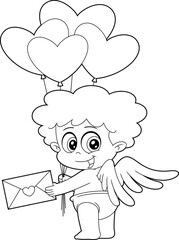 Outlined Cute Cupid Baby Cartoon Character With Heart Balloons Holding Love letter. Vector Hand Drawn Illustration Isolated On Transparent Background