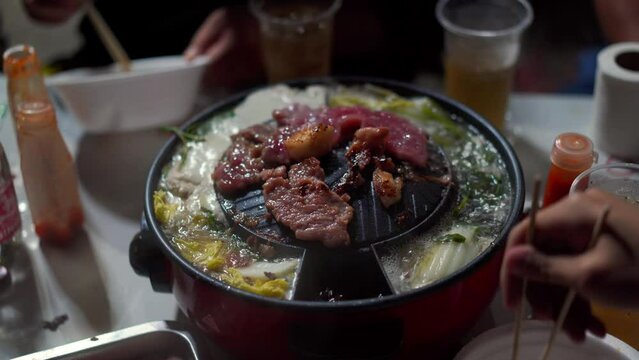 Closeup Authentic Thai Pan BBQ Street Food Mu Khata / Moo Kata