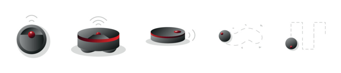 Robotic floor cleaner modern realistic icon set, automatic vacuum cleaning concept, robot device gadget flat style vector icons, electric mop emblems, hoover cleansing symbols isolated on background