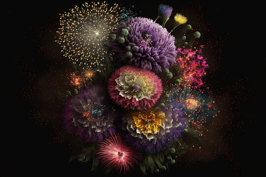 flowers and fireworks in the night. Generative AI picture.
