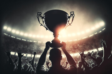 Fototapeta Silhouette of a man holding a trophy in a stadium with cheering crowd.  obraz
