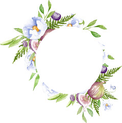 Watercolor floral frame, blue roses with green leaves, figs, blueberry, foliage, wedding invitation, greeting card design, banner, flower wreath, boho vintage illustration