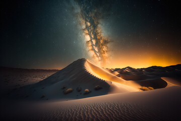 Sand dunes under night starry sky. Beautiful desert landscape. AI	