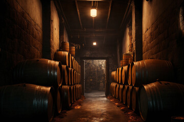 Whiskey distillery basement. AI - obrazy, fototapety, plakaty