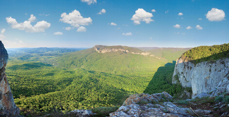 Spring Crimea Mountain rocky view with valley and Sokolinoje Village (Ukraine). Great Crimean...