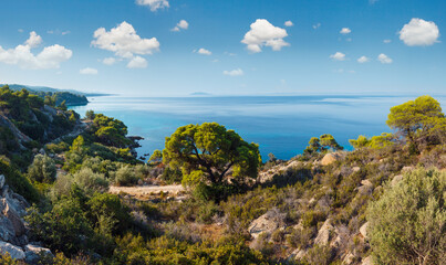 Morning summer Aegean Sea coastline (Nikiti, Sithonia, Halkidiki, Greece).  