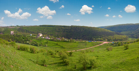 Spring view of Chervonohorod Castle  ruins ( Nyrkiv village , Zalischyky Raion, Ternopil Oblast,...