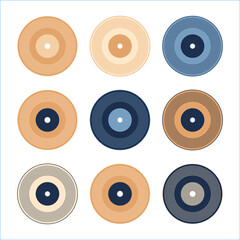 Vinyl records set. Blue, gold record for award or certification. Collection of retro music players and cassette recorder. Isolated flat illustration vector on white background