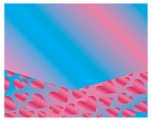 Pink-blue gradient with hearts background.