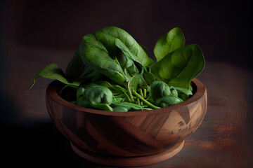 Young spinach in wooden bowl