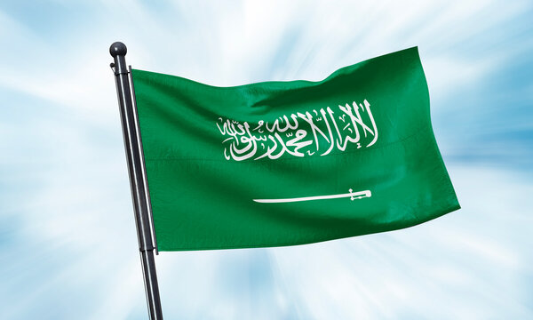 Saudi Arabia flag waving on sky background. 3D Rendering
