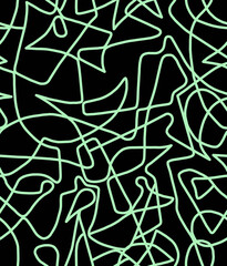 Abstract doodle drawing with green lines on black background.Seamless pattern.	