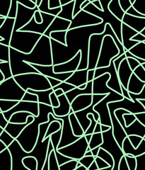 Obraz premium Abstract doodle drawing with green lines on black background.Seamless pattern. 