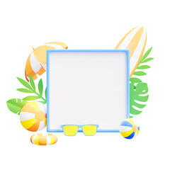 Summer sale banner with beach ball, sunshade and topical leaves