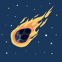 Fototapeta premium Flying asteroid, Burning comet on background of night sky. Astronomical object with tail vector design illustration. Dangerous space object
