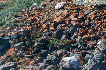Black, brown, and red color rocks, stones, and pebbles are scattered on the grassland. Multicolor rocks give a beautiful texture to the surrounding.