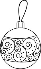 Vector black and white illustration of a Christmas tree toy.Festive illustration with a Christmas tree toy with a beautiful pattern. Suitable for Christmas design and coloring, advertising, postcards