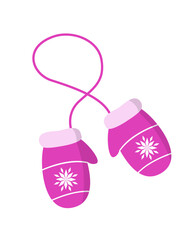 Winter pink mittens with snowflakes. Vector illustration of mittens with snowflakes. Vector hand-drawn illustration in cartoon style. Winter fashion. Christmas accessories.