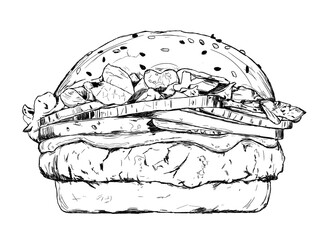 Sketch of a complete hamburger with lettuce, tomato and cheese. Junk food sketch. Isolated black hand drawn burger.