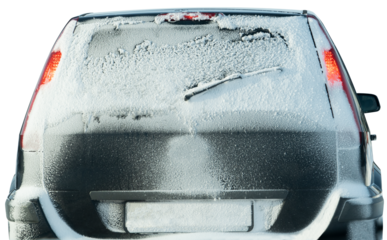 Snow covered car back view