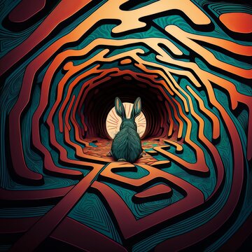 Illustration of a white rabbit in the labyrinth. Concept of down the rabbit hole.