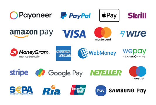 Antalya, Turkey - January 01, 2023: Logos of popular payment systems like Payoneer, Paypal, Apple Pay printed on white paper