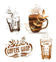 Coffee shop - Coffee time for coffee lovers. Coffee with coffee beans, coffee pot, espresso macchiato. Isolated on a white background. Coffee print design with mocha pot and different coffee mugs.