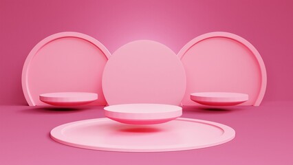 Three Modern 3D podium with pink element background for product display